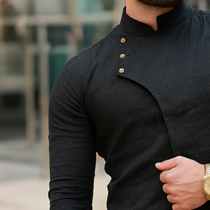 Adam | Men'S Retro Casual Solid Color Cotton And Linen Stand Collar Long Sleeve Shirt - Image 3