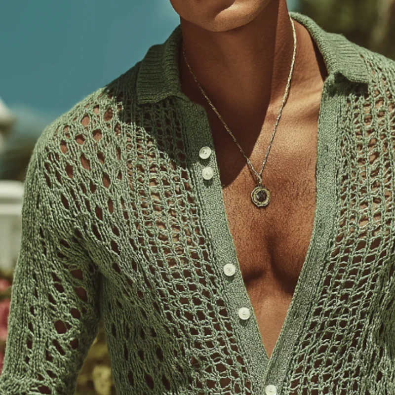 Alan | Men'S Retro Casual Hollow Knit Lapel Long Sleeve Shirt - Image 3