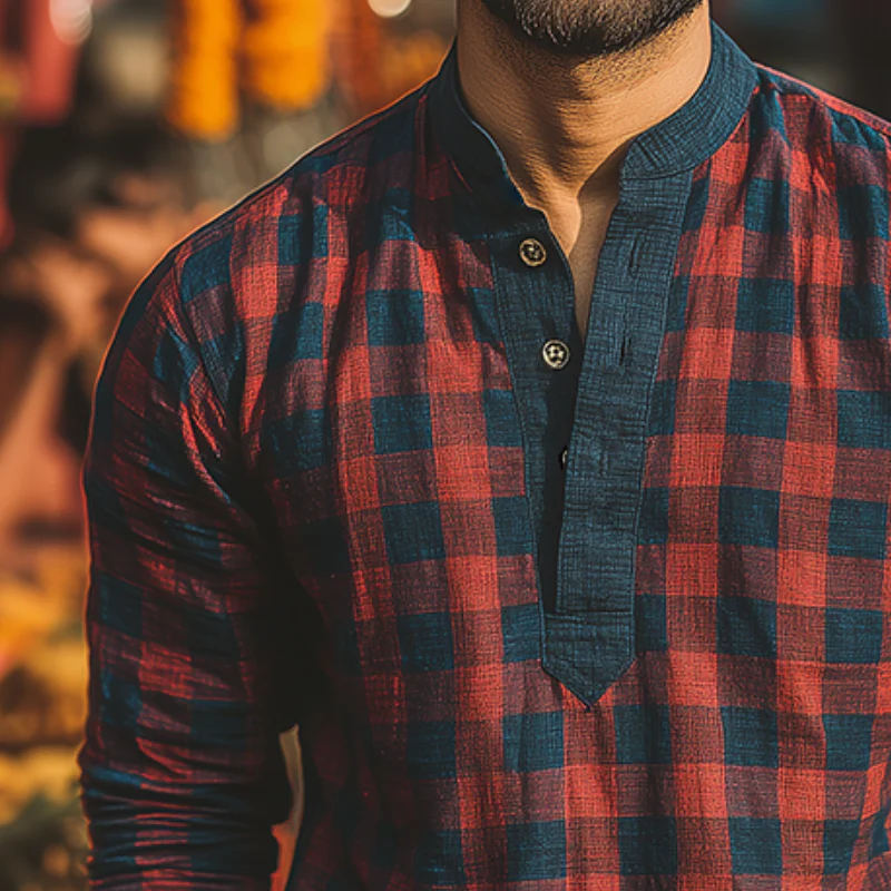 Aldo | Men'S Retro Casual Plaid Print Henley Collar Long Sleeve Shirt - Image 3