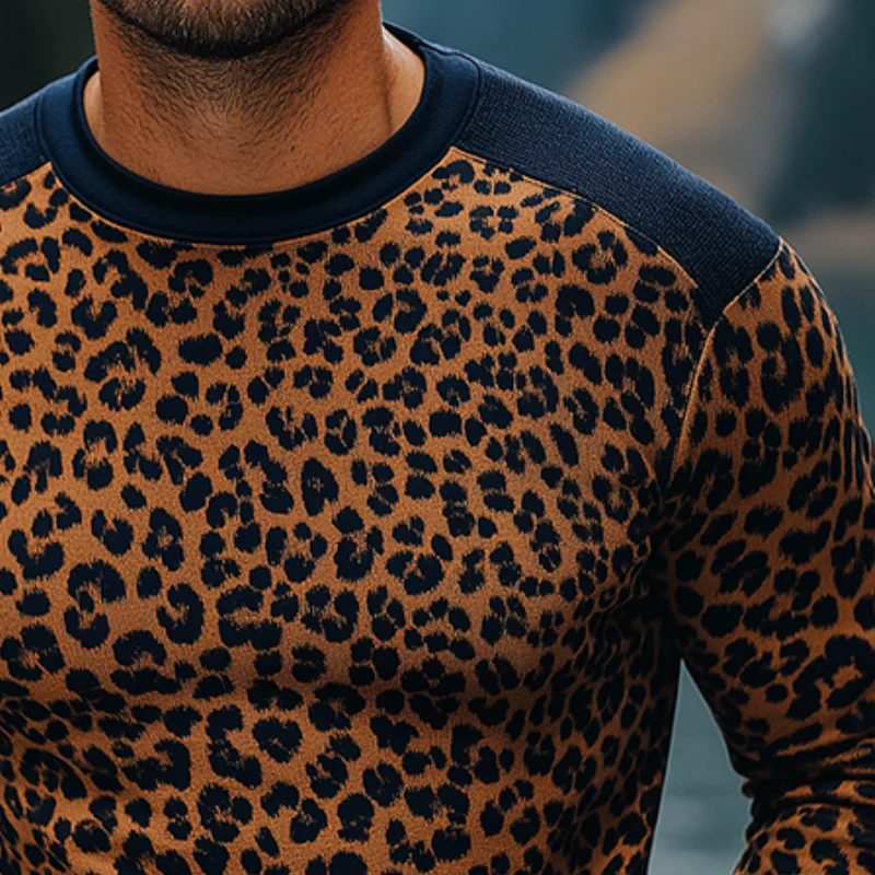 Anthony | Men'S Retro Casual Leopard Print Colorblock Round Neck Long Sleeve T-Shirt - Image 3