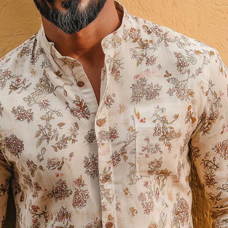 Ben | Men'S Retro Casual Floral Print Linen Stand Collar Long Sleeve Shirt - Image 3
