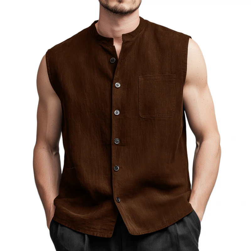 Jack | Men'S Vintage Faux Suede Stand Collar Single Breasted Patch Pocket Loose Sleeveless Shirt - Image 4