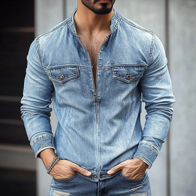 Jeffrey | Men'S Vintage Washed Distressed Stand Collar Zipper Denim Jacket - Image 3