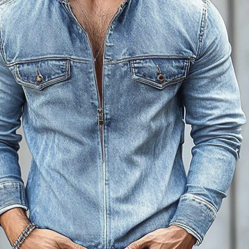 Jeffrey | Men'S Vintage Washed Distressed Stand Collar Zipper Denim Jacket - Image 4