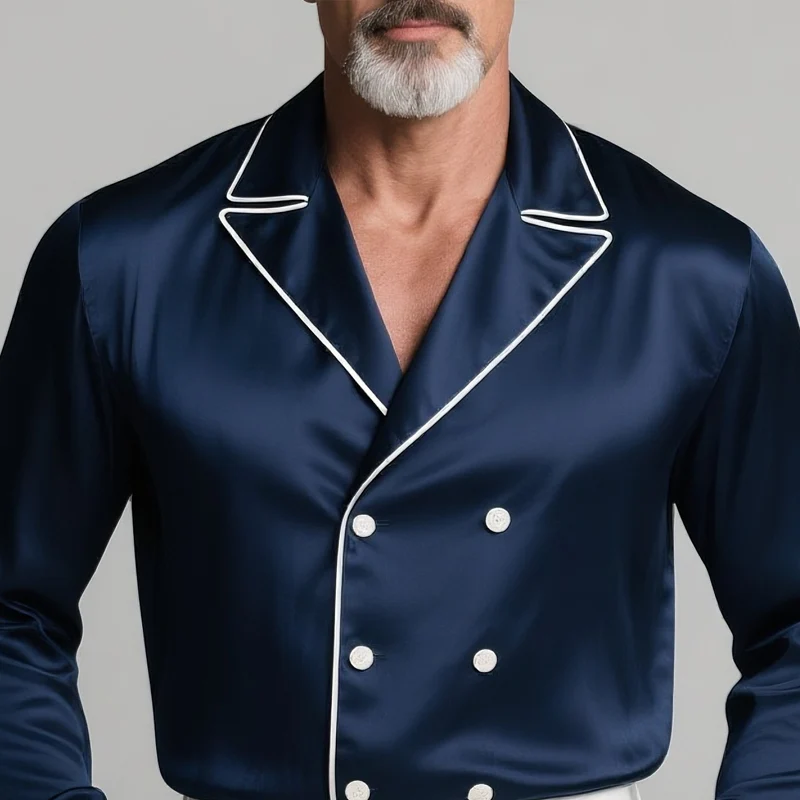 Jerry | Men'S White Trim Lapel Double Breasted Long Sleeve Satin Shirt - Image 3