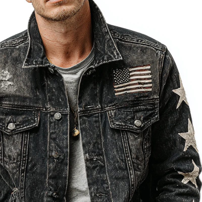 Karl | Men'S Washed Vintage Star Print Denim Jacket - Image 3