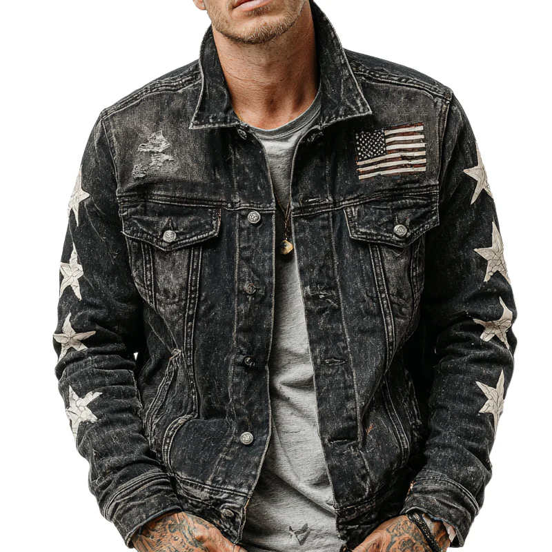 Karl | Men'S Washed Vintage Star Print Denim Jacket - Image 4