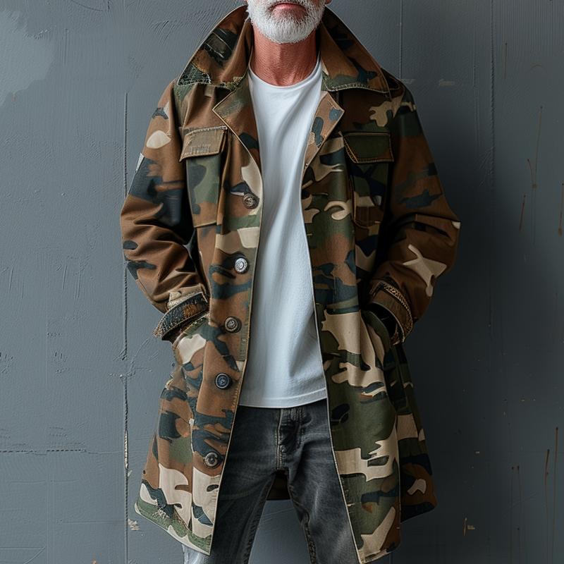 Men's Camoflage Lapel Breast Pocket Single Breastedid-length Cargo Trench Coat - Image 3