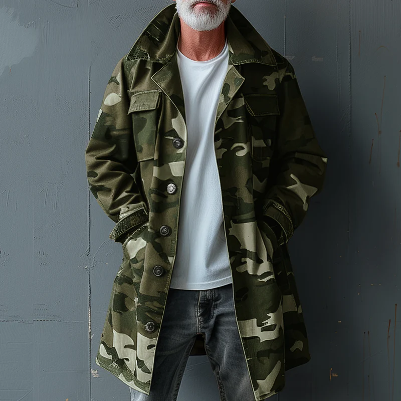 Men's Camoflage Lapel Breast Pocket Single Breastedid-length Cargo Trench Coat - Image 4