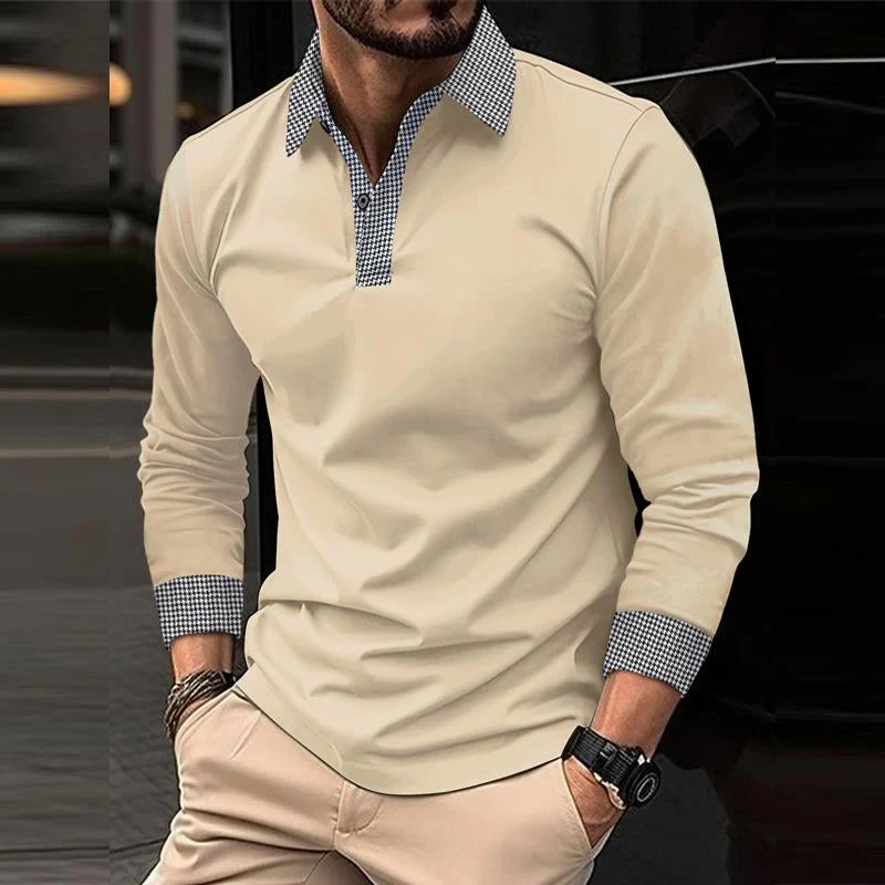 Men's Casal Plaid Patchwork Long-Sleeved Polo Shirt - Image 3