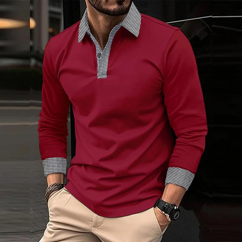 Men's Casal Plaid Patchwork Long-Sleeved Polo Shirt - Image 5