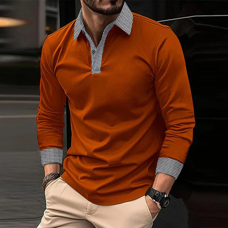 Men's Casal Plaid Patchwork Long-Sleeved Polo Shirt - Image 7