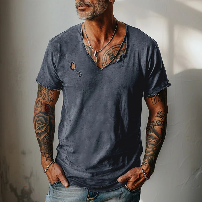 Men's Distressed Ripped Raw Edge V-Neck Short-Sleeved T-Shirt - Image 4