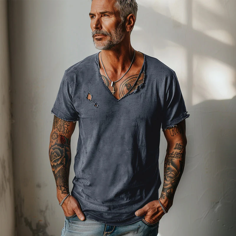 Men's Distressed Ripped Raw Edge V-Neck Short-Sleeved T-Shirt - Image 5
