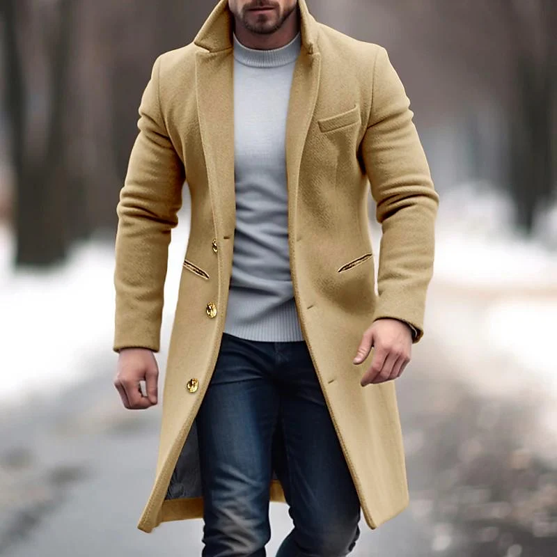 Men'S Vine Solid Color Long Woolen Single-Breasted Lapel Coat - Image 3