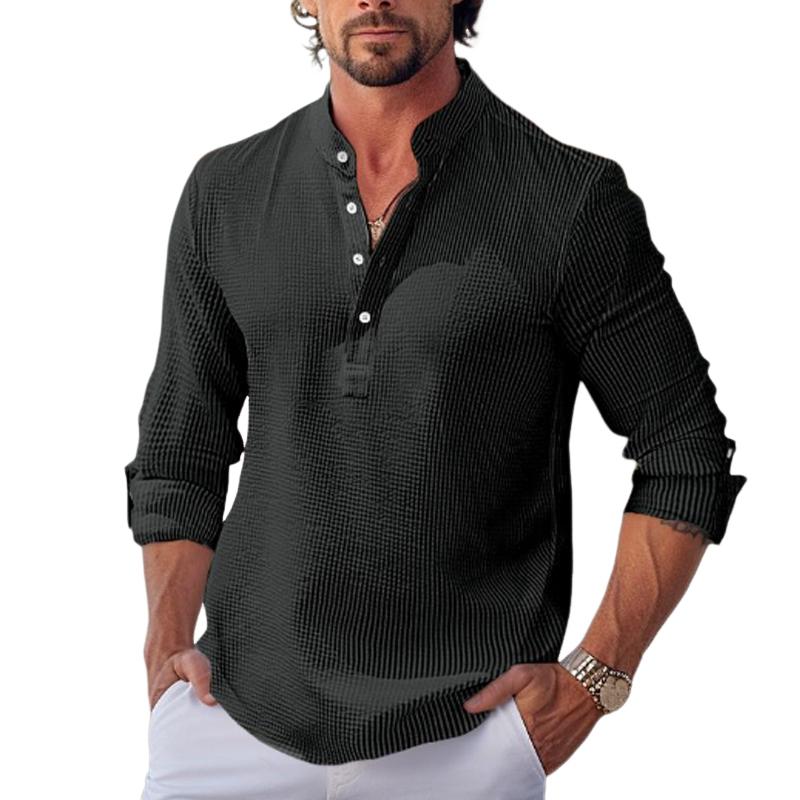 Men's Waffle Stand Collar Rolled Sleeve Long Sleeve Shirt - Image 3