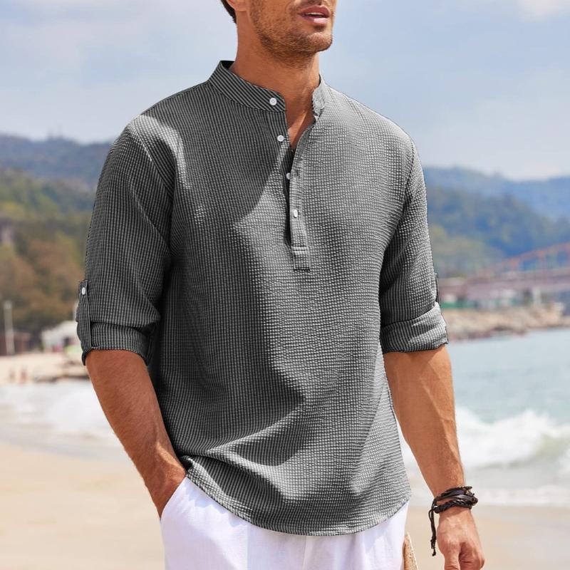 Men's Waffle Stand Collar Rolled Sleeve Long Sleeve Shirt - Image 4