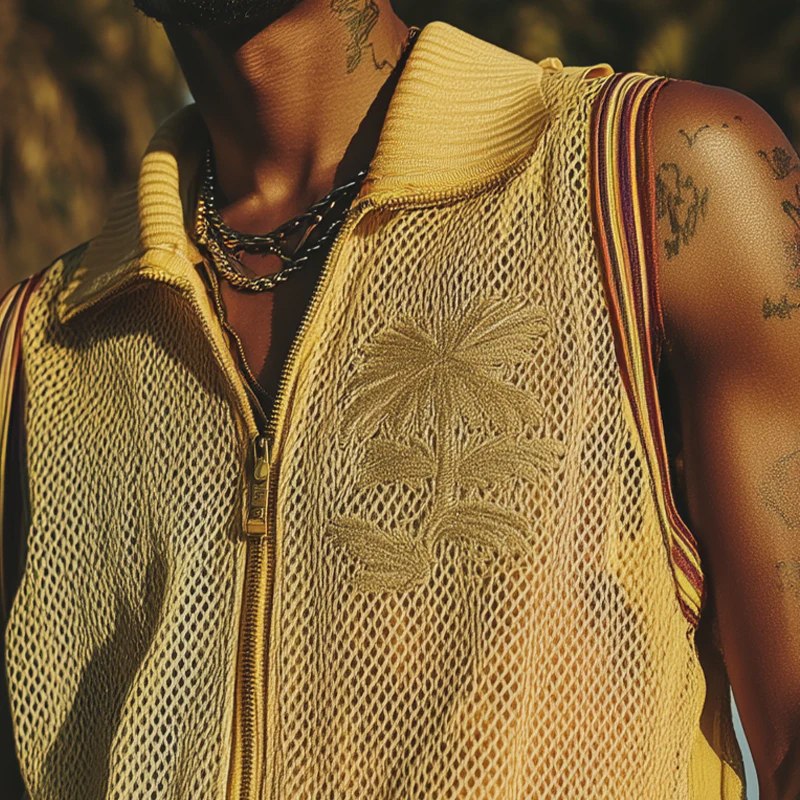 Mitchell | Men'S Spring And Summer Fashion Casual Mesh Zipper Lapel Embroidered Sleeveless Shirt - Image 4